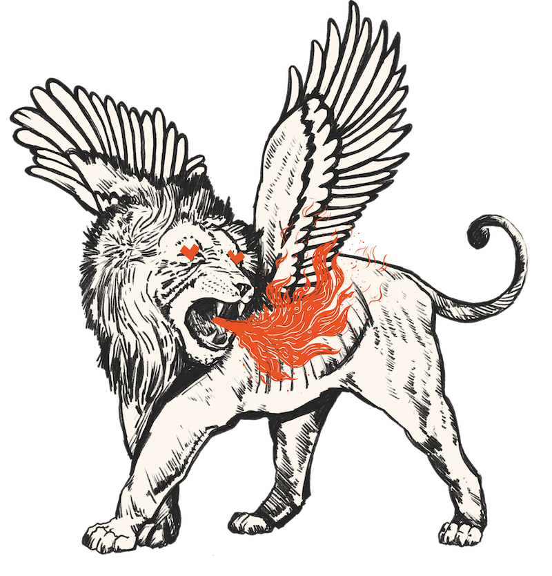 a winged lion breathing fire